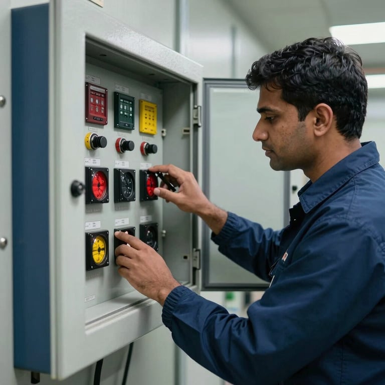 A South Asian engineer testing an addressable fire control panel in a clean, professional electrical room with navy blue details.