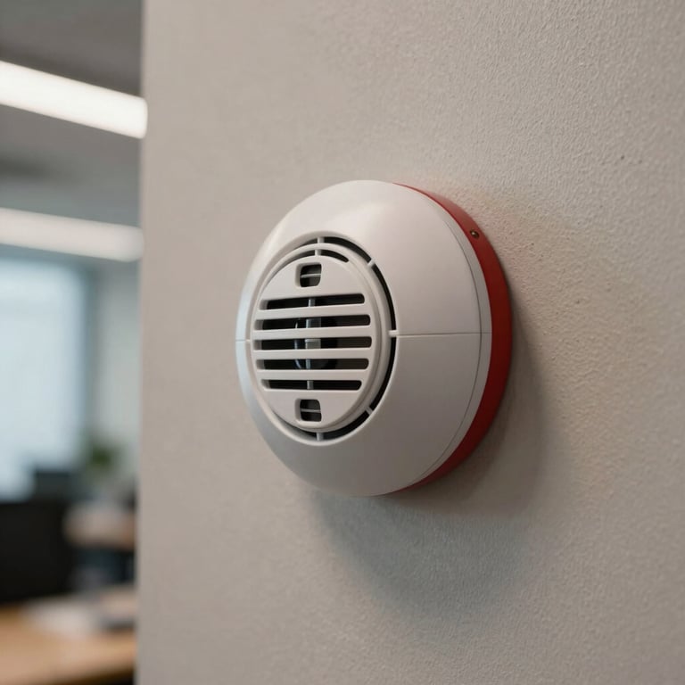 Close-up of a sleek smoke detector and a red manual call point installed on a textured wall in a modern Indian office building.