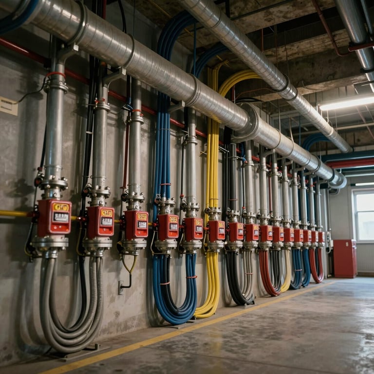 A wide shot of neatly organized fire alarm cabling and conduit installations along a high ceiling in an industrial setting.