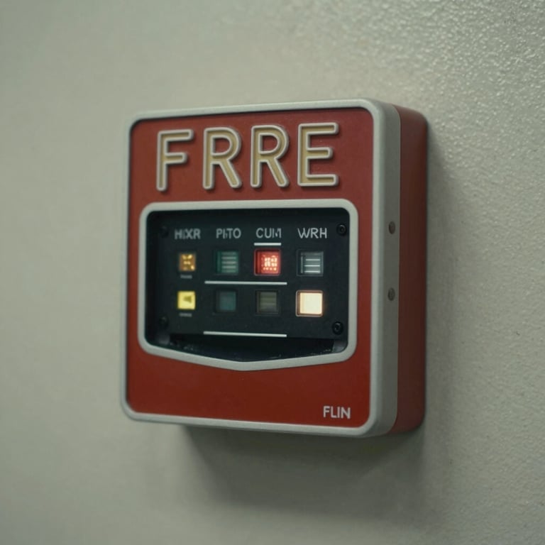 Close-up of a conventional fire alarm panel with illuminated status indicators, reflecting a mood of unwavering reliability.