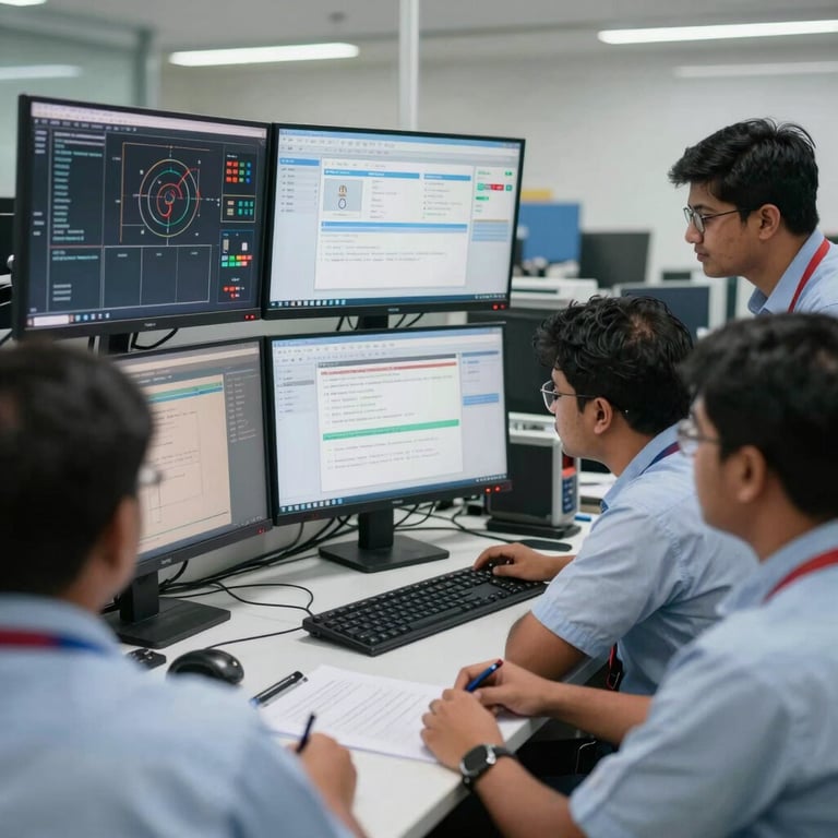 An engineering team reviewing fire safety protocols at a workstation with multiple monitors showing BMS software in India.
