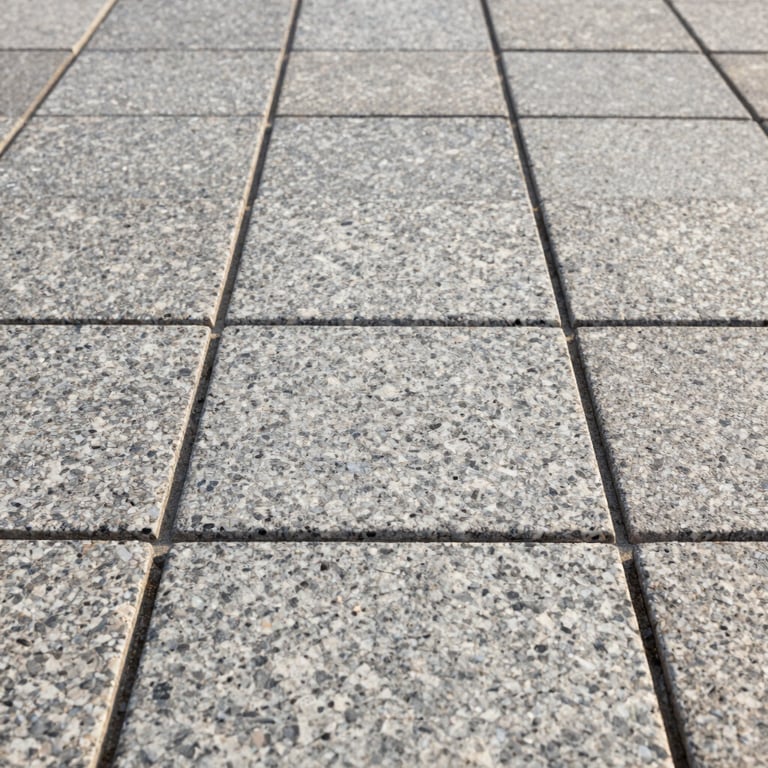 Close-up shot of perfectly aligned granite paving stones, crisp coastal morning light, showing high craftsmanship and clean lines