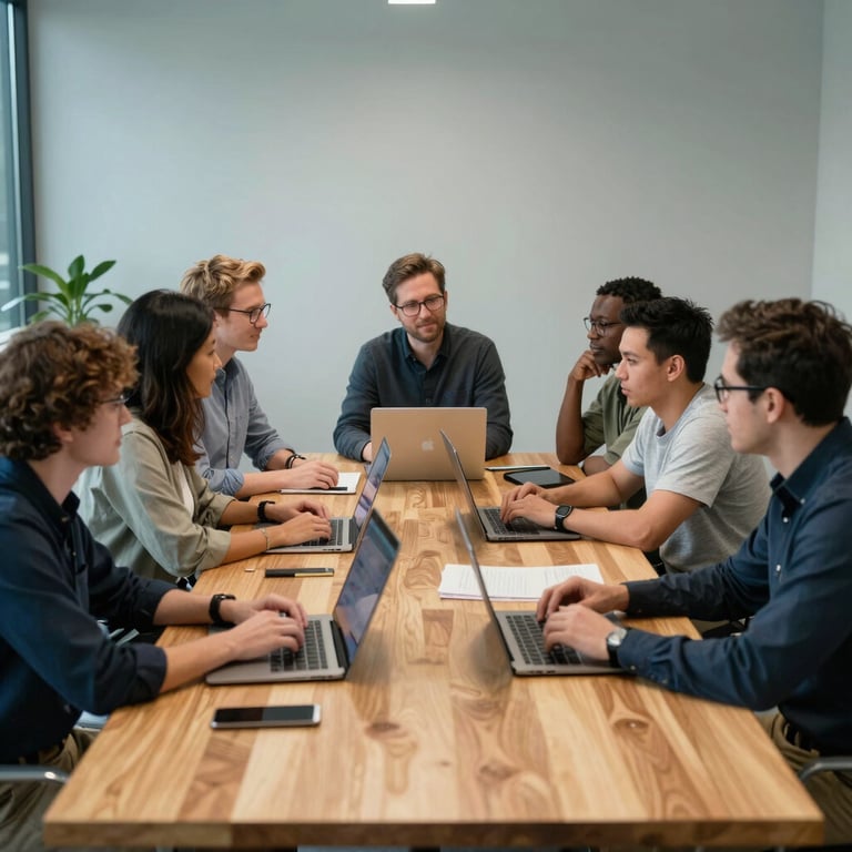 A diverse group of entrepreneurs in a North American / US tech incubator, collaborating around a large wooden table in a Soft Mist colored room.
