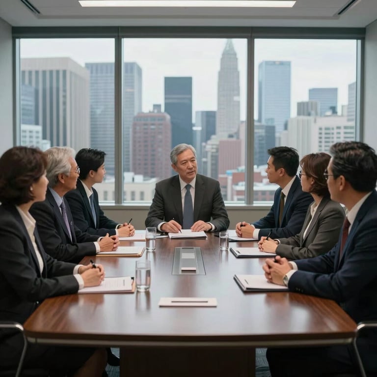 A strategic partnership meeting in a professional North American / US boardroom, with a view of a city skyline through the window.