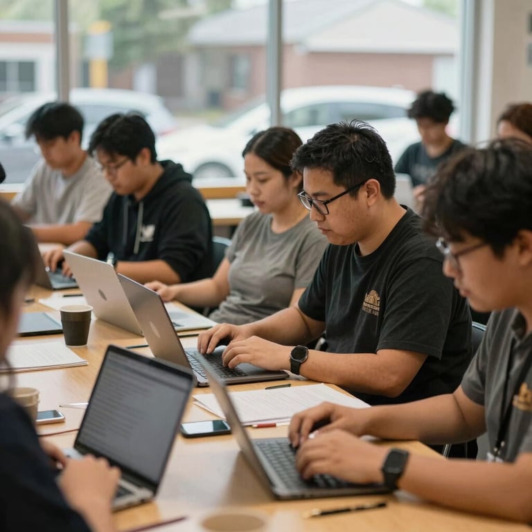 A community workshop in a North American / US neighborhood focusing on digital literacy, with focused participants and soft, natural lighting.