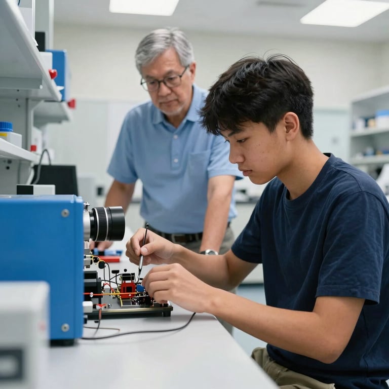 A North American / US student working on a high-tech engineering project with a mentor in a bright laboratory, featuring Midnight Navy and Sky Blue equipment.