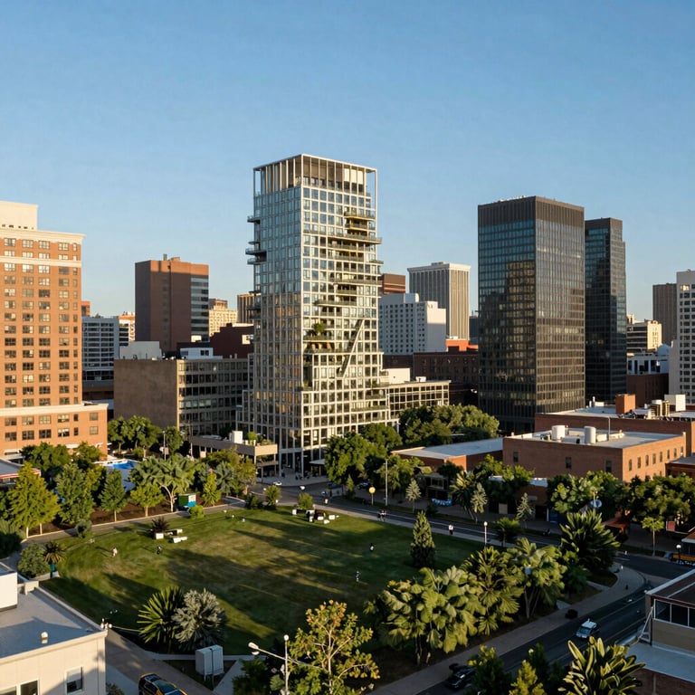 An urban North American / US cityscape showing sustainable architecture and green spaces under a clear Sky Blue sky.
