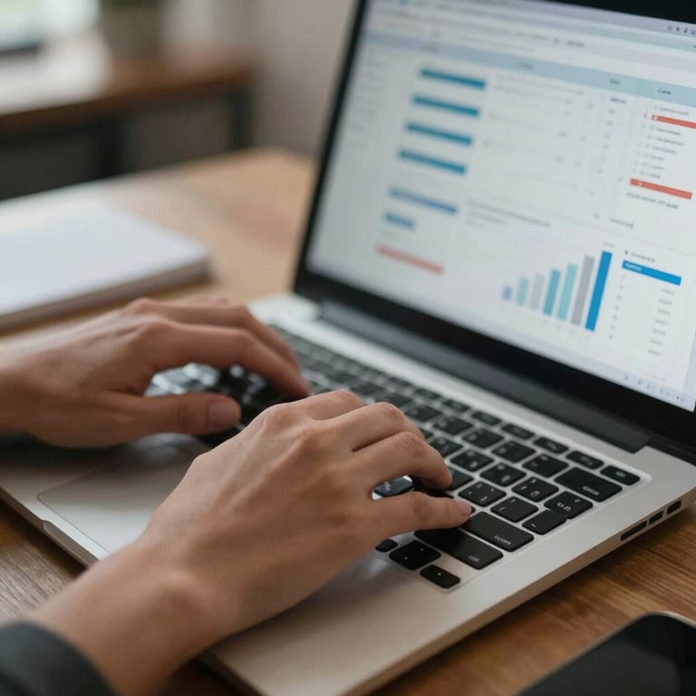 Close-up of hands typing on a laptop displaying data analytics for a social project in a modern North American / US workspace.