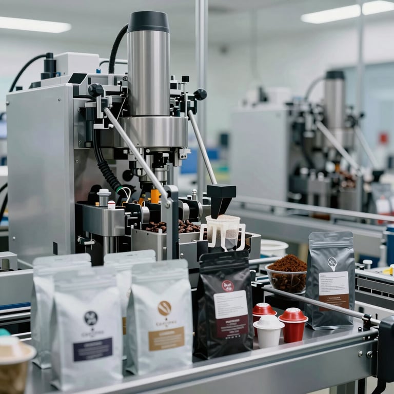 A vibrant workspace showing coffee beans being carefully packaged with precision and care.