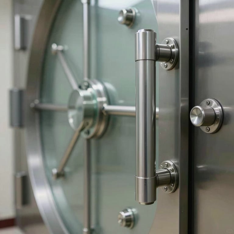 A sharp focus on a high-tech secure vault handle in a professional banking setting.
