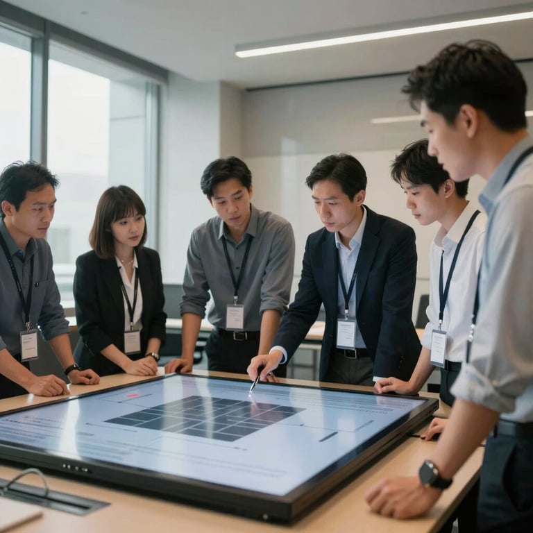 A professional team collaborating around a digital display in a contemporary US conference room.