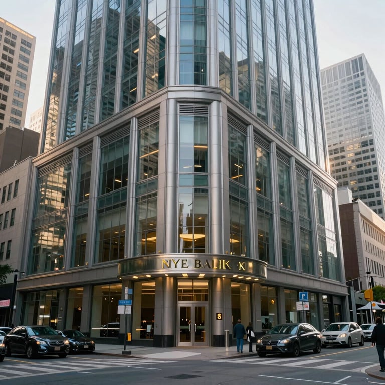 A modern glass-fronted bank building in a busy North American financial district during the day.