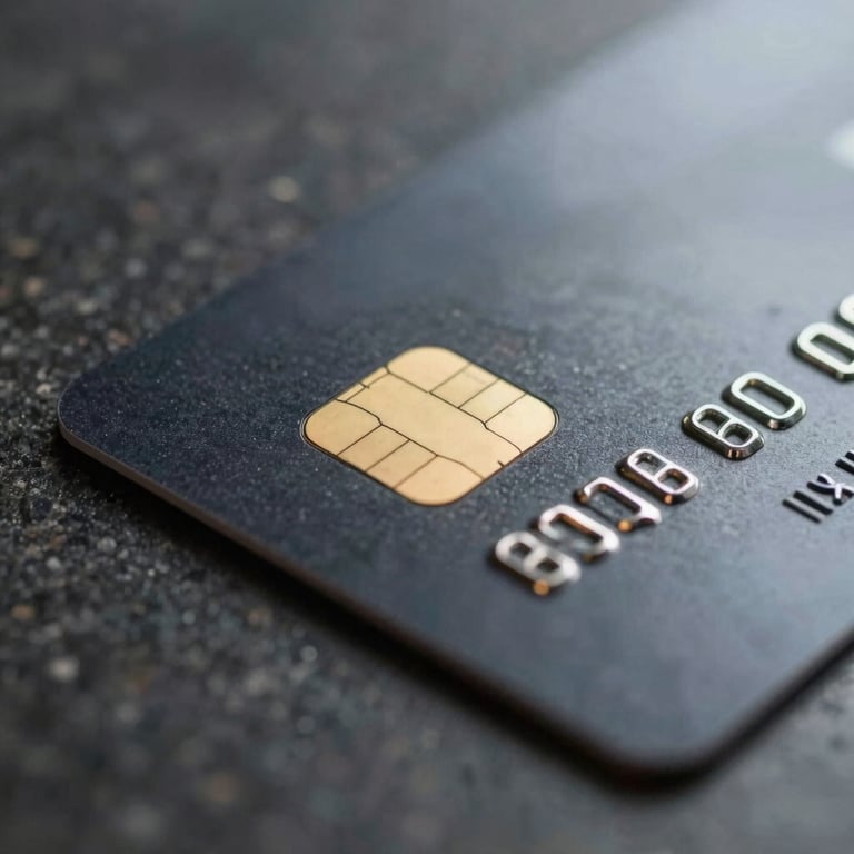 A detailed shot of a secure debit card with a gold chip resting on a dark, polished stone surface.