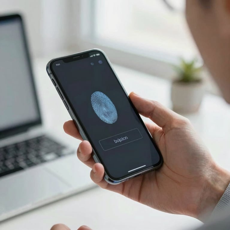 A person using biometric fingerprint login on a smartphone in a bright office environment.