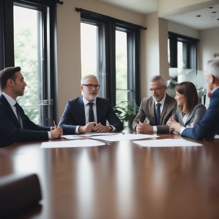 A diverse team of attorneys collaborating around a conference table, focused on employee relations.