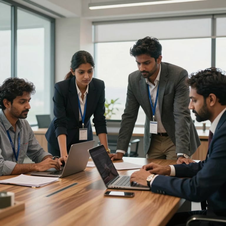 Professionals collaborating around a large wooden desk in a modern South Asian / Indian corporate setting with soft natural light.
