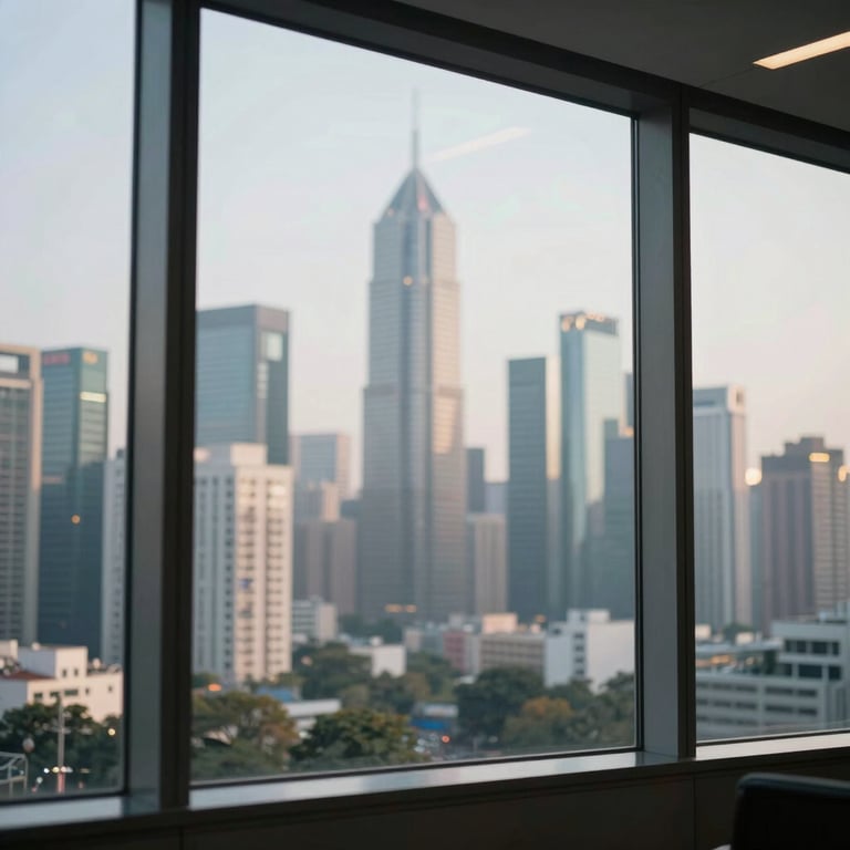 A blurred city skyline of a major South Asian financial hub viewed through a clean glass office window.