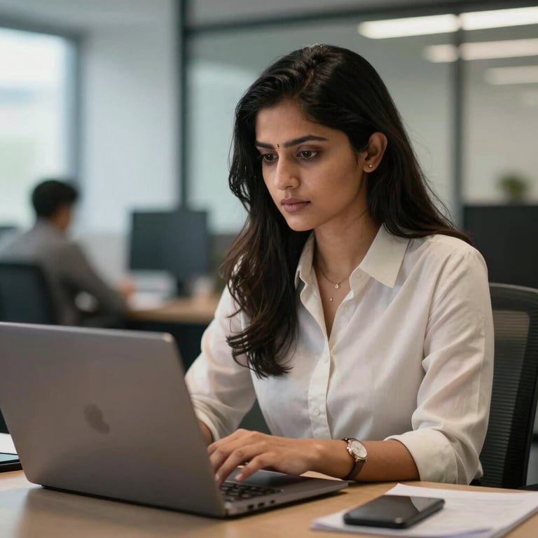A professional woman in a modern South Asian / Indian office environment, looking at a laptop with a look of expert focus.