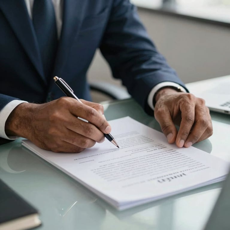 A close-up of hands signing a legal document on a sleek desk in a professional South Asian / Indian office with deep navy accents.