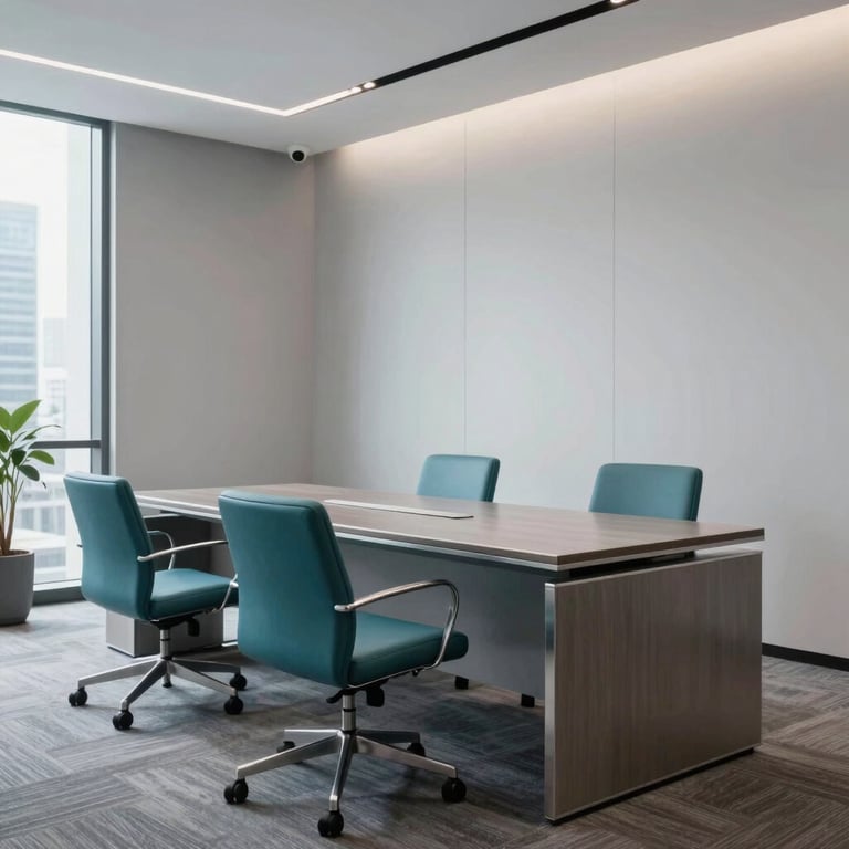 A sleek office interior featuring steel teal furniture and soft pearl grey walls in a South Asian / Indian business district.