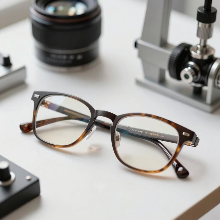 A close-up of modern, durable eyeglass frames resting on a clean white surface next to precision optical calibration tools, bright natural lighting.