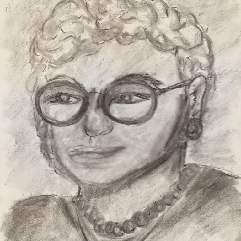 Spirit portrait of older woman with curly white hair, wearing glasses and religious jewelry