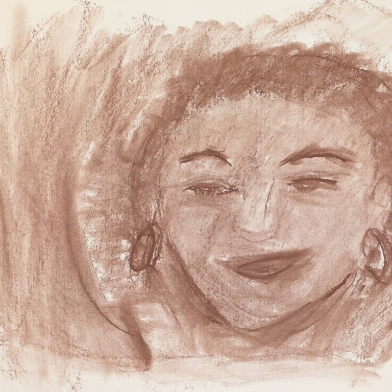 Spirit portrait of a woman with darker skin and short curly hair, waving to her loved ones