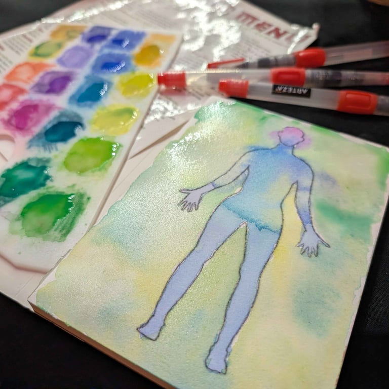 An intuitive aura portrait of a woman in a wheelchair, painted with watercolors in Salem, MA.