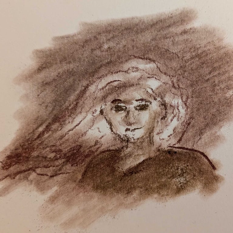 Spirit Guide portrait of a woman with long white hair that is blowing in the breeze