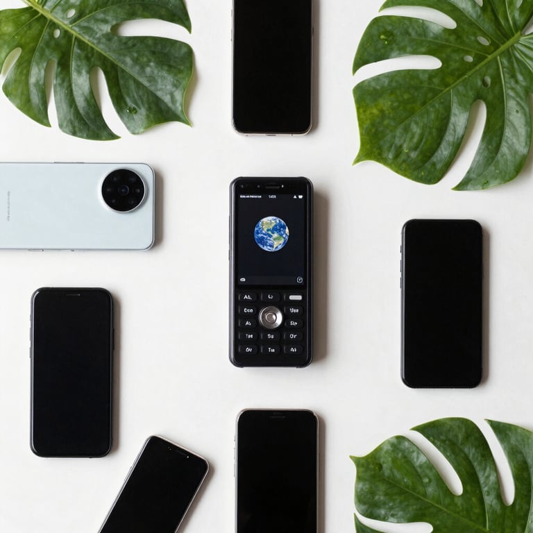 A flat-lay photograph of various mobile devices on a white surface surrounded by green leaves, representing fresh technology, International / Global, minimalist and bright.