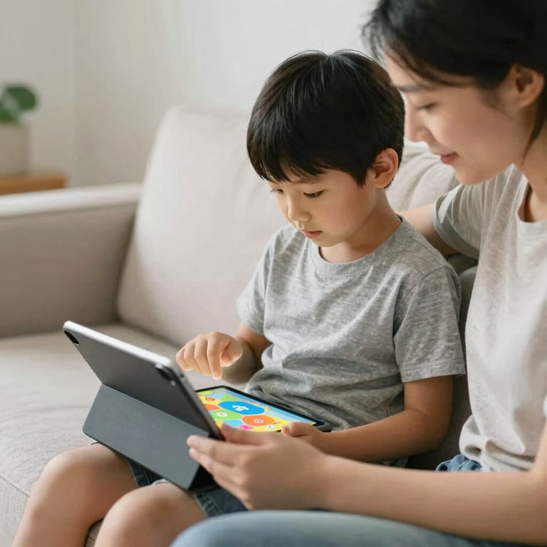 A child and an adult sitting together on a bright sofa, playing an educational game on a tablet, International / Global, heartwarming and approachable atmosphere.