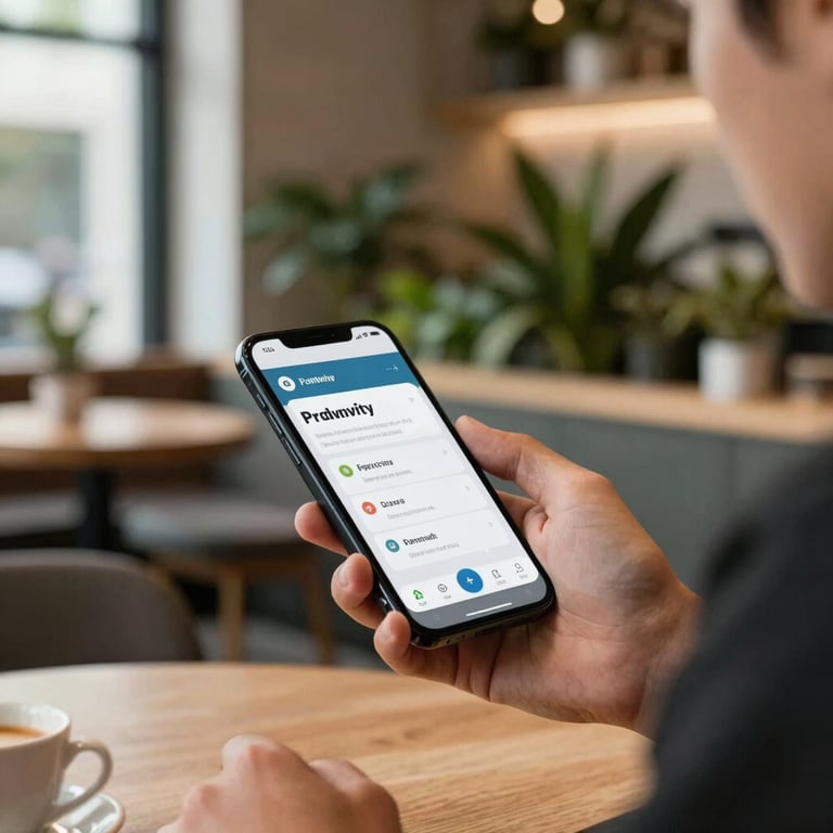 A person using a productivity app on a smartphone while sitting in a modern, plant-filled cafe, International / Global, soft morning light.