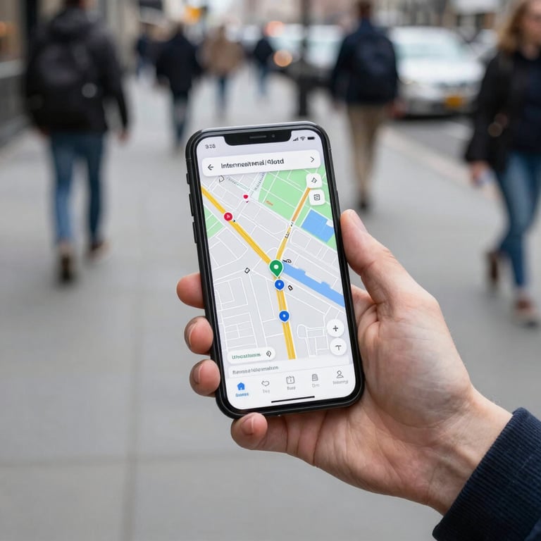 A person wearing a smart-casual outfit using a mobile navigation app on a busy but clean city sidewalk, International / Global, dynamic street photography.