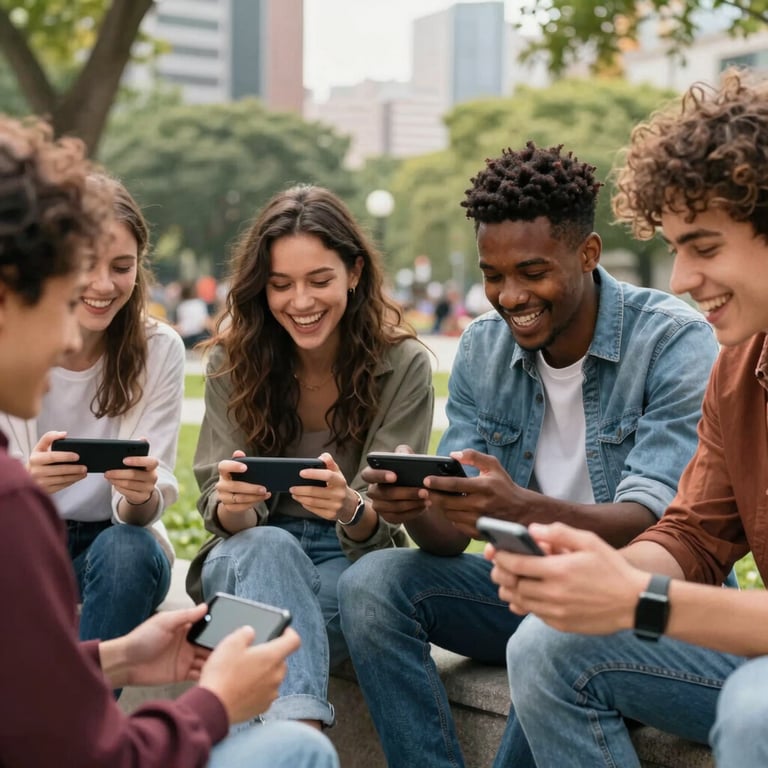 A diverse group of friends laughing while interacting with a mobile game in a clean urban park setting, International / Global, vibrant and lively composition.