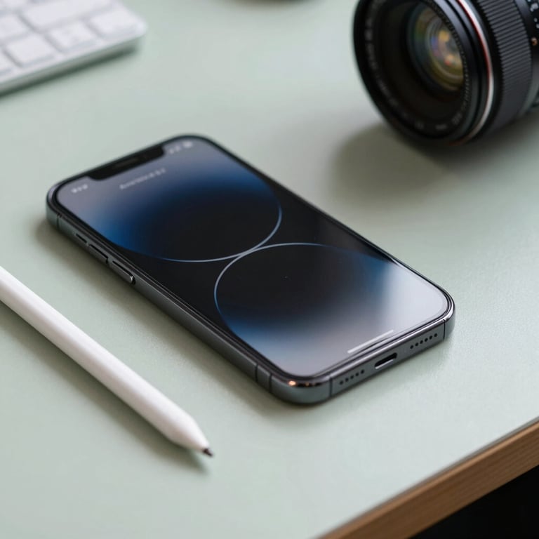 Detailed shot of a smartphone and a stylus on a light green desk, showcasing a professional design environment, International / Global, clean and sharp focus.