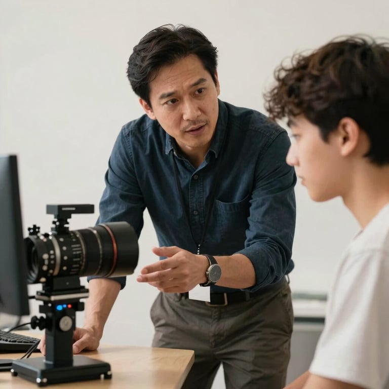 A professional mentor guiding a student in a bright tech studio, North American / International environment, off-white background.