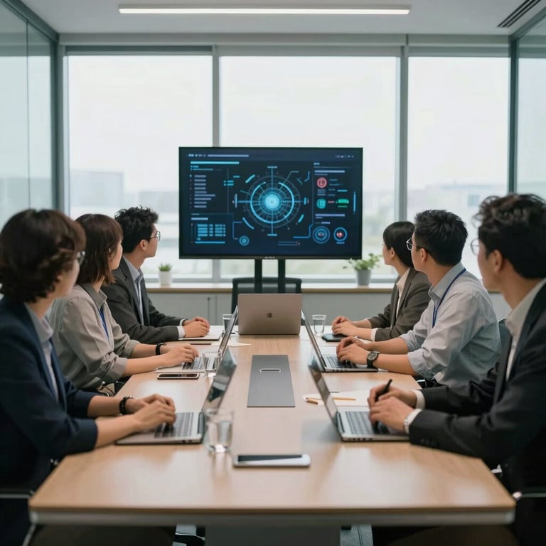 A team meeting in a glass-walled conference room with bright daylight and a tech-forward aesthetic.