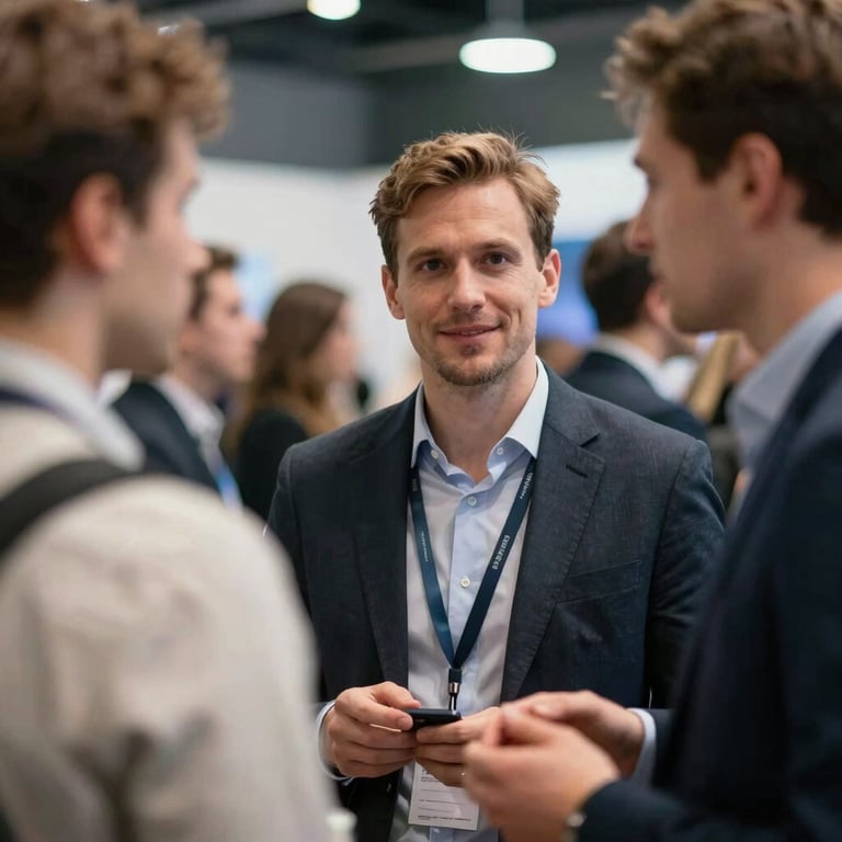A close up of professionals networking at a contemporary technology event, professional attire, soft bokeh lighting.