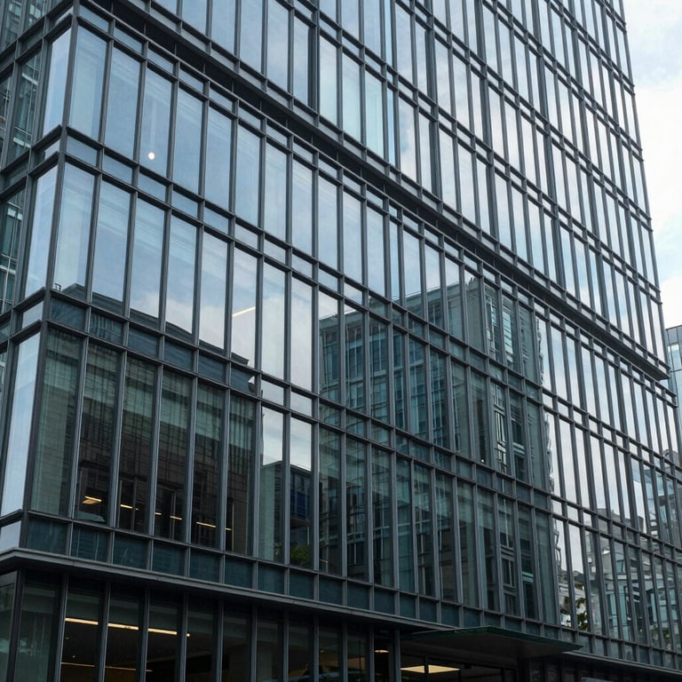 The exterior of a modern glass architectural building representing a technology campus in North American / International.