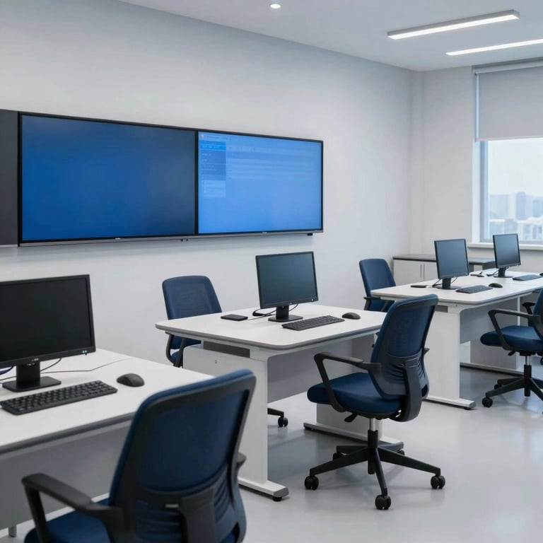 A high-tech minimalist classroom with digital displays and ergonomic furniture in mid blue and dark navy colors.