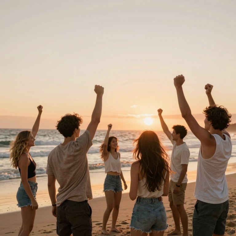 A group of friends cheering at a beautiful Australian beach during sunset, warm orange and cream light, professional photography style.