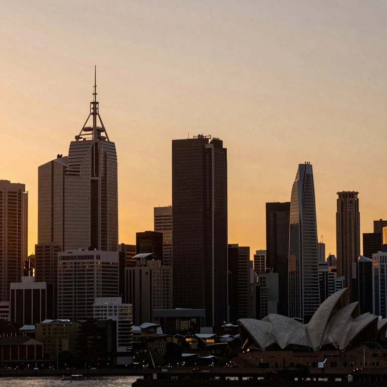 An Australian city skyline at dusk with warm orange glow from the sun and dark brown shadows of the buildings.