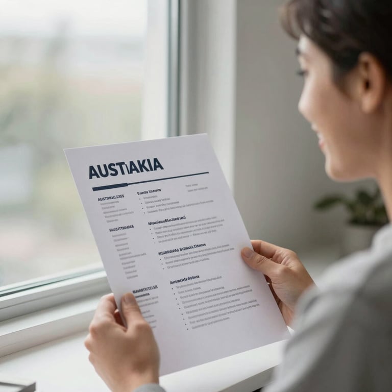 A person holding a printed Australian-style resume and looking out a window with a smile, soft morning light in a clean room.