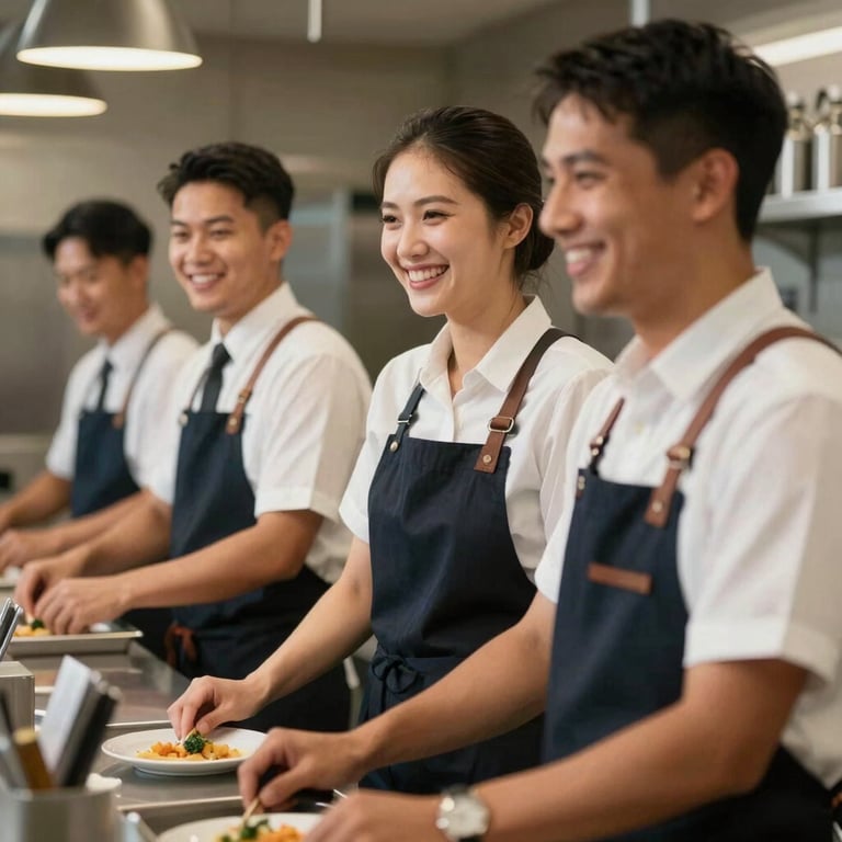 Staff in an Australian hospitality setting smiling while working, wearing neat professional attire, warm lighting.