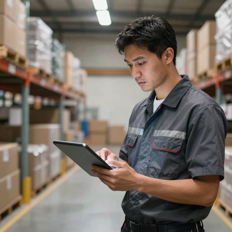 A clean warehouse environment in Australia with a worker looking at a digital tablet, modern and professional lighting.