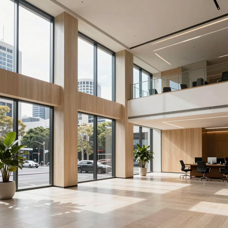 A modern office lobby in an Australian city with large windows and light sand-colored decor, bright and airy.