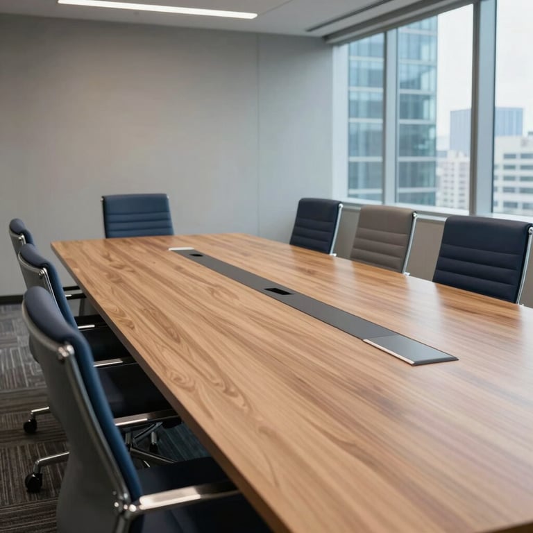 A sleek conference room in a North American high-rise, featuring a long wooden table and chairs in steel gray and navy blue tones.