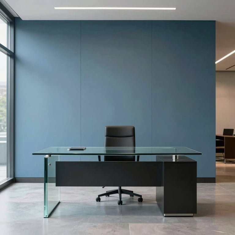 A minimalist North American office lobby with a clean glass desk and slate blue wall accents, representing professional reliability.