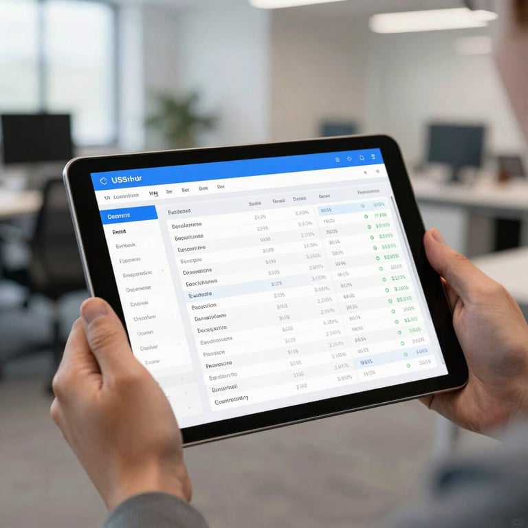 A detailed shot of a hand holding a tablet displaying a clean data dashboard in a brightly lit, modern US office environment.