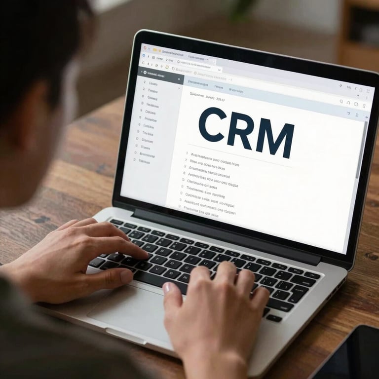 An over-the-shoulder shot of a person using a laptop to organize a digital workflow, emphasizing structured CRM management.
